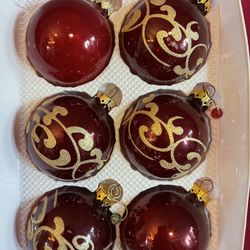 Vintage Red Burgundy Floral Glitter Christmas Ball Ornaments Set of 6