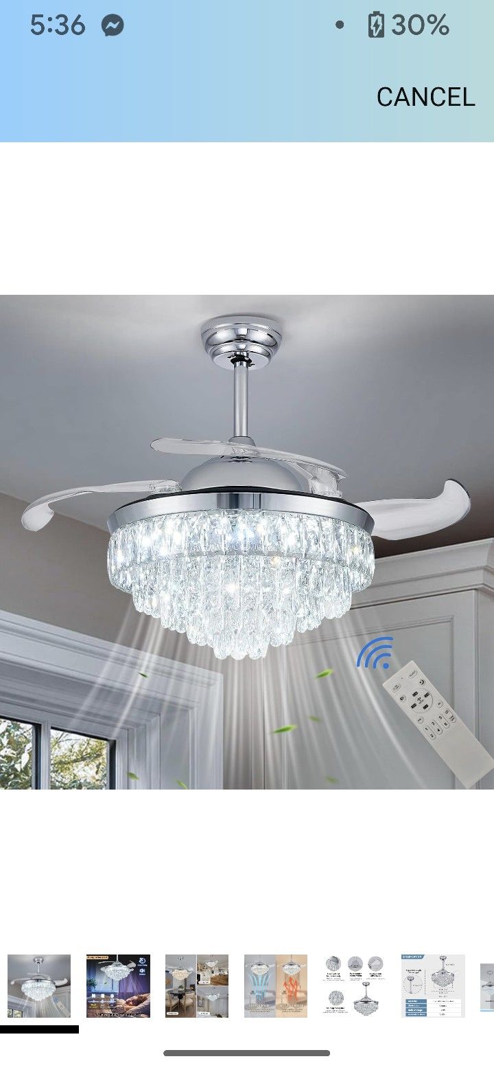 CLAIRDAI 42'' Modern Crystal Ceiling Fans with Lights Invisible Fandelier NO INCLUDED REMOTE CONTROL BUT YOU CAN USE APP CONTROL