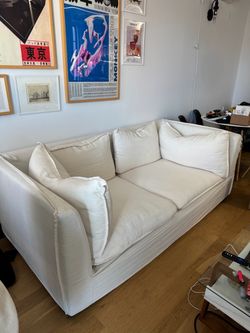 WEST ELM COUCH | Bleecker 86" Sofa Skirted Slipcover, Down Blend, Deluxe Linen, Alabaster, Concealed