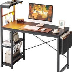 Gaming Desk with LED Lights, 44 Inch PC Gamer Desk for Small Spaces, Computer Desk with Reversible Storage Shelves & Side Storage Bag (Black Grained)