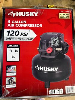 Husky 3 Gal. 120 PSI Portable Electric Oil-Free Light Duty Pancake Air Compressor with Fold Down Handle and 1-Quick Coupler