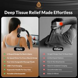 handheld deep tissue percussion massage gun with an extended handle designed for self-massage