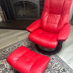 High End Paloma Red Leather Recliner And Ottoman