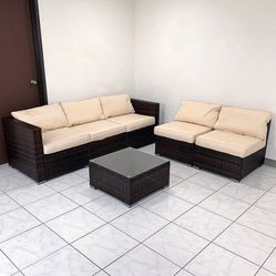 New in box $395 (6-Piece) Patio Furniture Set Outdoor Sectional Set Wicker Rattan Sofa Chair Set w/ Cushion, Glass Table