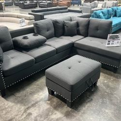 BRAND NEW 3PC SECTIONAL SOFA SET WITH OTTOMAN AND ACCENT PILLOWS INCLUDED $379
