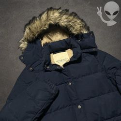 Denim & Supply Ralph Lauren Puffer Jacket Womens S Navy Blue Down Faux Fur Trim