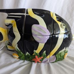 Vtg Sakura Coral Reef 3 Pc Canister Set Black Ceramic Tropical Fish Cookie Jar  