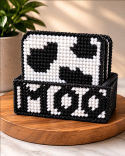 Handmade Cow Print Plastic Canvas Coasters Set - Farmhouse Home Decor