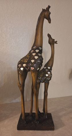 Vintage Hand-Carved Wooden Mother & Baby Giraffe Statue with Mirror Mosaic Inlay - 21"