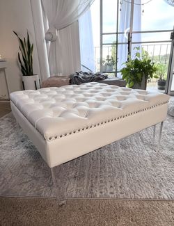 Modern White Tufted Ottoman Coffee Table w/ Acrylic Legs – 34” Glam Style