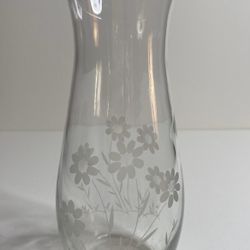 Clear Glass Bud Vase With Etched Flowers 7” Tall, 2-1/4” Opening