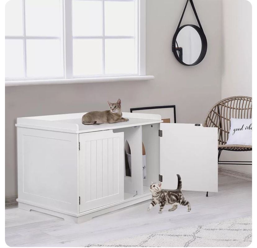 5 Durable 2 Door Wood Cat Litter Box Enclosure Enclosed Cat House Side Table Home