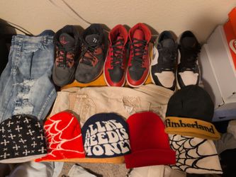 2 pairs of jordans 1s, kyrie infinity red and black, 2 pairs of jeans 30x30, 6 beanies