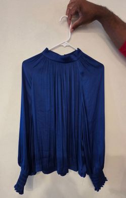 Royal Blue Long Sleeve Pleated Blouse