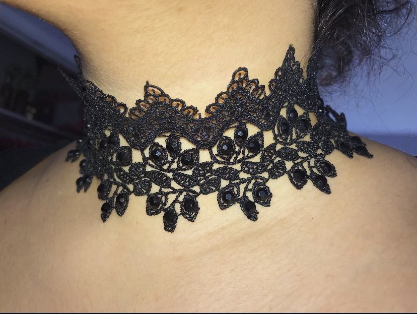 Black Lace Choker With Black Jewels