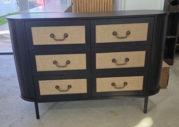 New 47" Black Rattan 6 Drawer Dresser for Bedroom, Wide Modern Chest of Drawers with Curved-Top