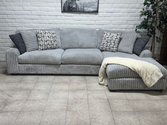 Grey Ribbed Fabric Corner Sectional Sofa