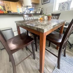 Wood & Faux Marble Counter Height Dining Kitchen Table with Chairs- Modern, Rustic 2000's