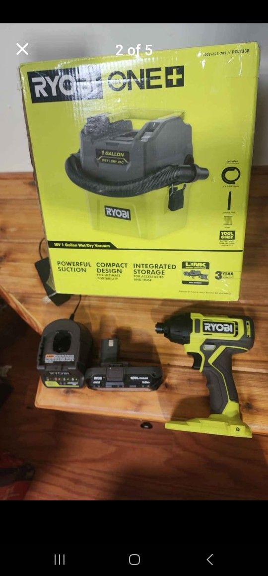 Ryobi 18V 1 gallon wet/dry vacuum, 1/4" hex impact driver, battery, charger