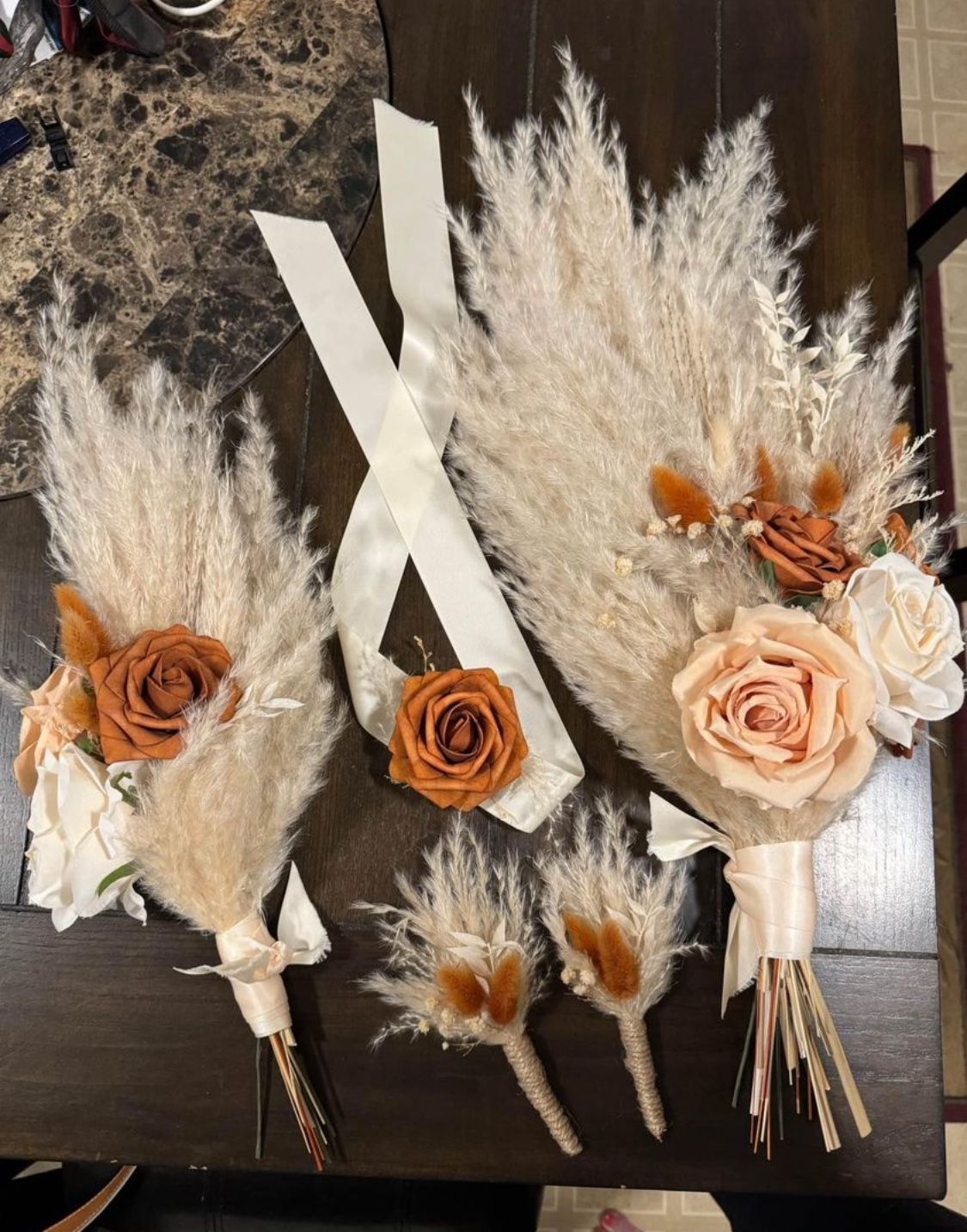 Terracotta Pampas Wedding Bouquets, Boutonnières & Corsage