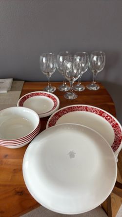 4 set of dinner plates, bowls and wine glasses- FREE!
