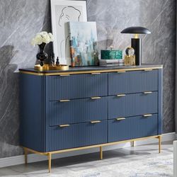 Drawers Dresser 6 for Bedroom, 54" Wide Modern Dresser TV Stand, Gold Accents, Fluted Fronts, Wood Storage Dressers Organizer for Bedroom, Living Room