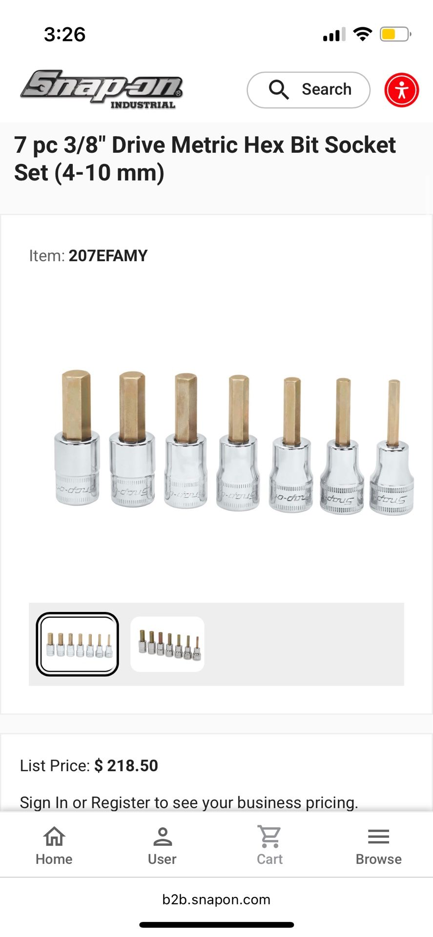 Snap On 7 pc 3/8" Drive Metric Hex Bit Socket Set (4-10 mm)