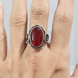 925 Sterling Silver Womens Large Burgundy Red Stone Ring Chunky Gift