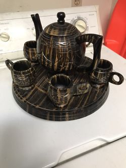 Wooden Tea Pot And Cups.