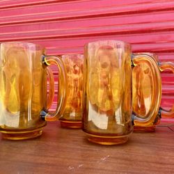 Set Of 5 Vintage Amber Glasses Cups Mugs Dish ware 