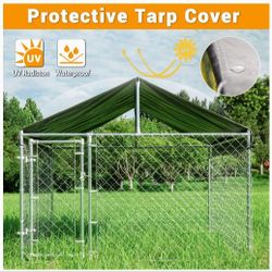 New In Box Large Galvanized Dog Kennel - UV Water Resistant TARP Roof,  easy Assembly 6.6' x 6.6' x 7ft Animal Cage 