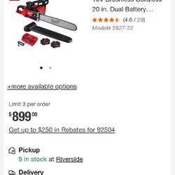 Milwaukee 20" Chain Saw W/2 Batteries 