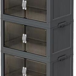 Stackable Storage Bins, Plastic Storage Bins with Lid and Wheels, Collapsible Storage Containers with Magnetic Doors, Foldable Storage Boxes for Home,