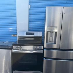 Full kitchen set Frigidaire stainless steel combo refrigerator, electric stove, diswasher, microwave