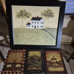 Cute Country Framed Picture With 3 Matching Tiles