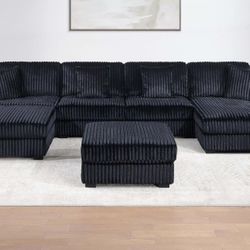 Brand New Black Corduroy Sectional Sofa w Ottoman 
