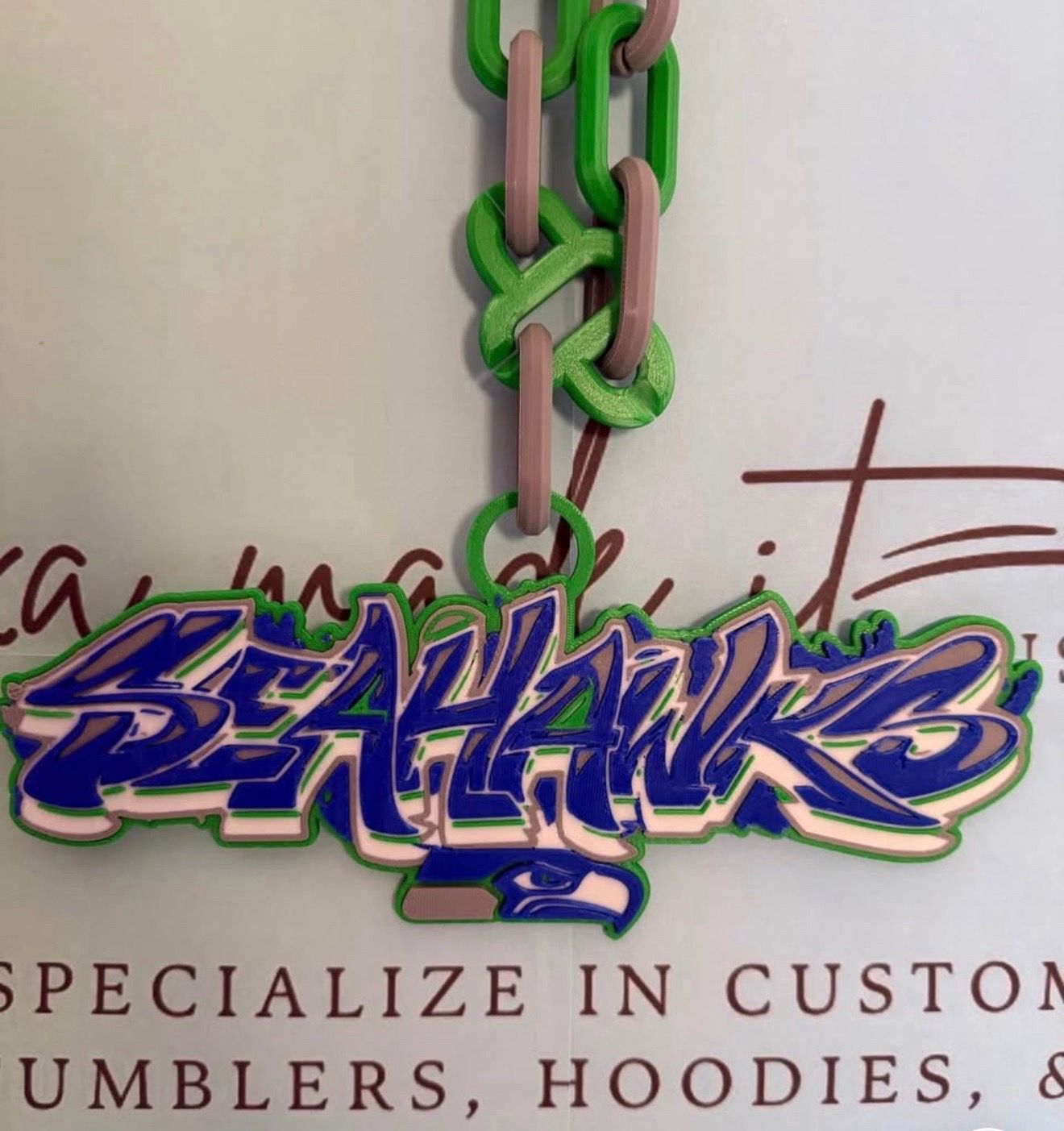 Seattle Seahawks XL Graffiti Style Medallion 42” Chain Link Chain 3D Printed PLA Custom Necklace Show your Seahawks pride in bold fashion!