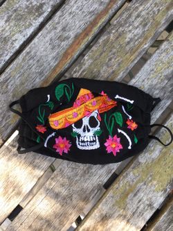 Embroidered Artisanal Calavera w/pink flowers Face Mask