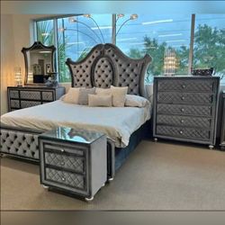 4PC Royalty Tufted Velvet Bedroom set with padded headboard queen size
