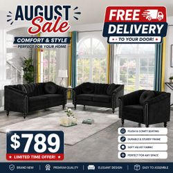 Black velvet 3 piece living room sofa set ( sofa | loveseat | chair )