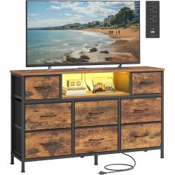 Dresser for Bedroom with Outlets and LED Lights, TV Stand for TVs Up to 55 Inches, Chest of Drawers, 8 Drawers, Steel, Industrial, Rustic Brown and In
