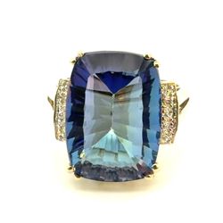 Woman’s Ladies 14k Yellow Gold 21.42ct Radiant Cut Purple Blue Stone Ring Size 6.5 GP3124898