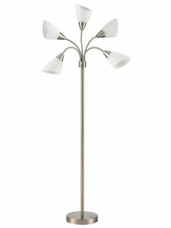 Simplee Adesso 67" 5-Light Modern Adjustable Arm Brushed Steel Floor Lamp with White Plastic Shades
