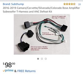 2016-2019 Camaro/Corvette/Silverado/Colorado Bose Amplifier Subwoofer T-Harness and ANC Defeat Kit