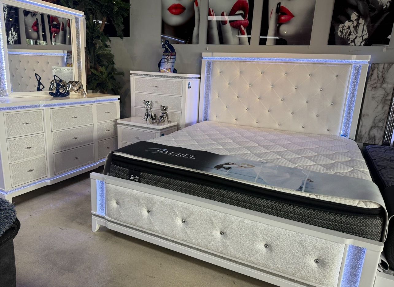 All White Modern Led 5 Pc Bedroom Set With FREE MATTRESS For Only $1599