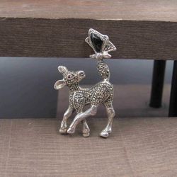 Sterling Silver Marcasite Baby Deer With Onyx Stone Pin Brooch