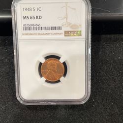  1948 S Gem Uncirculated Lincoln Wheat Penny Graded At MS 65 Bright Red E-3