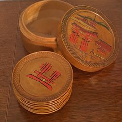 Antique Japanese Carved Wood Coasters With Storage Box