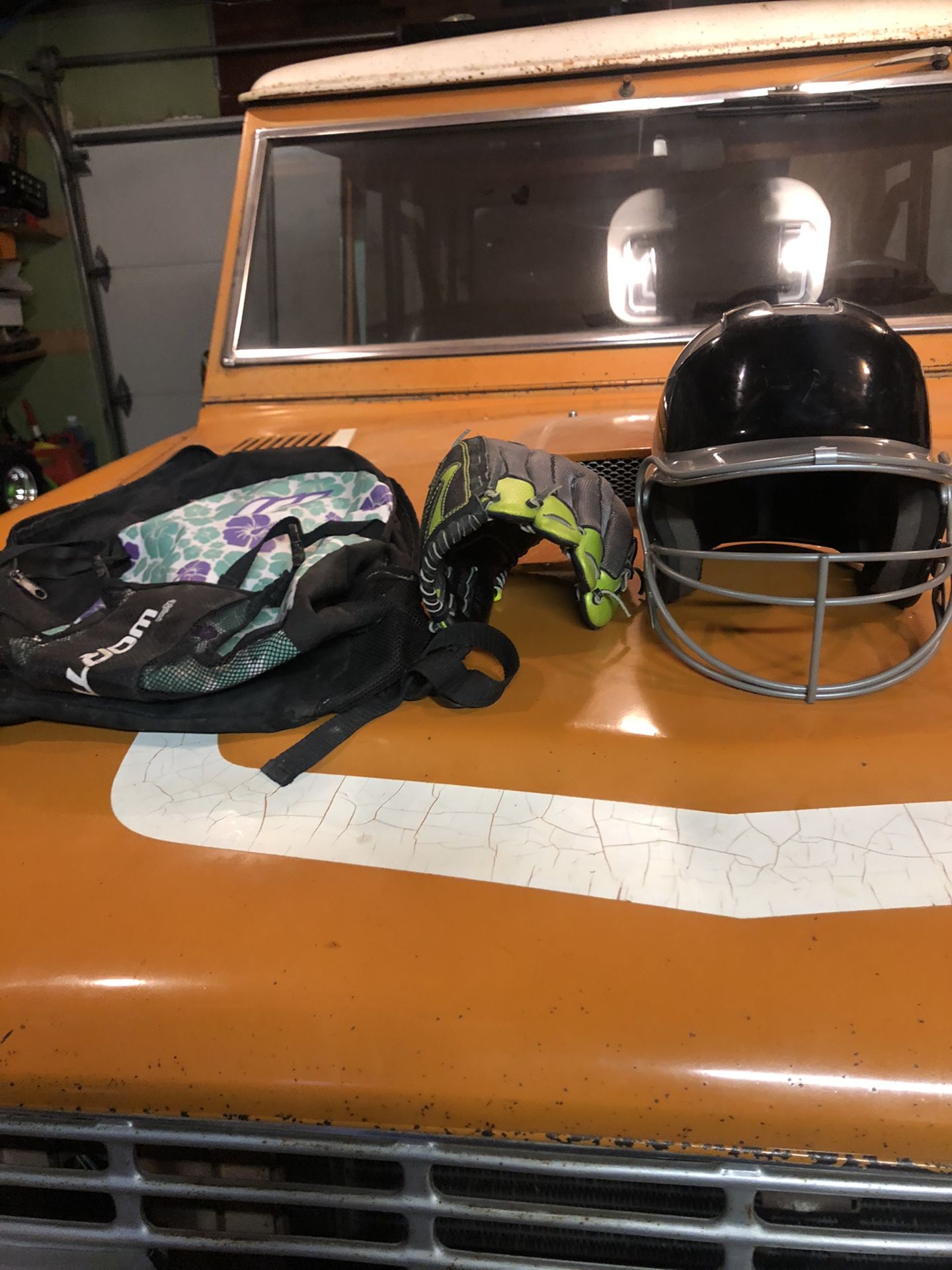 Selling a softball bag, glove and helmet T ball