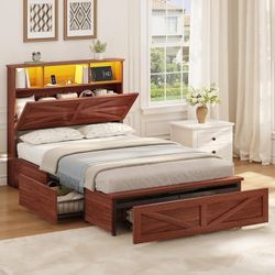 Twin Bed Frame with 5 Storage Drawers and Charging Station and 10”Twin Size Mattress, ,Memory Foam Mattress Made of Individually Pocketed Springs for 
